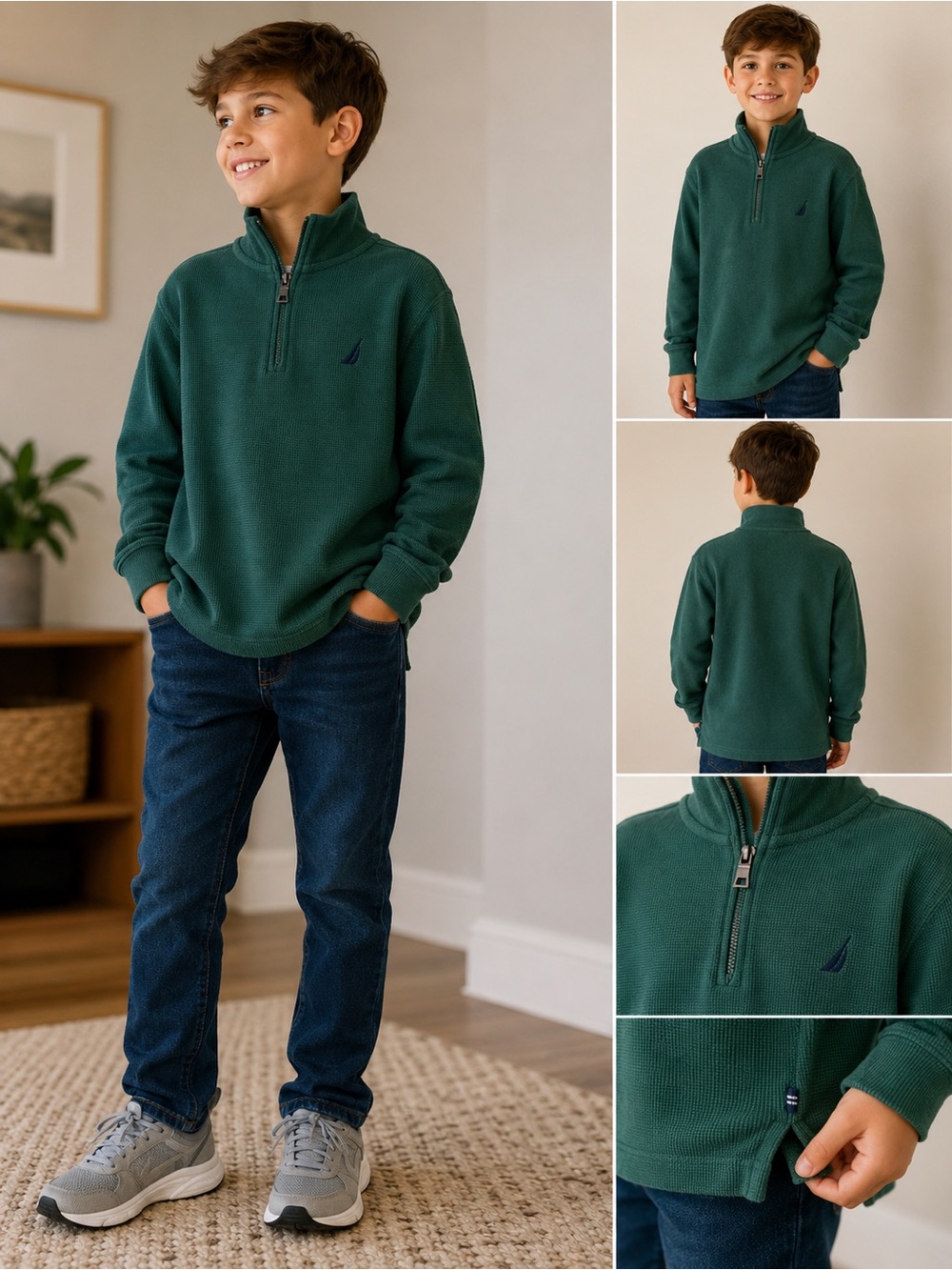 Nautica Boys Size 8 Green Waffle Knit Quarter Zip Pullover Sweater
